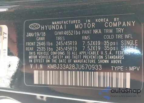 2018 Hyundai Tucson Value z USA, uszkodzony, nr VIN KM8J33A28JU670933